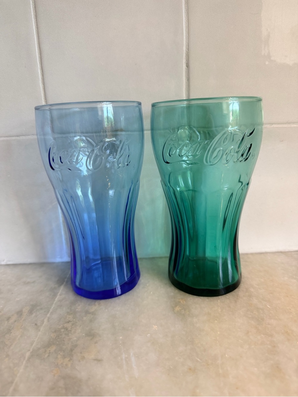 Coca Cola Blue and Teal Embossed Curved Glasses (Pair)